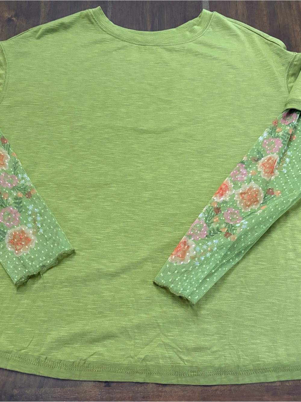Green Floral-Sleeve Long Sleeve Top with sheer sleeves